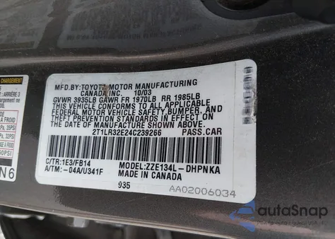 2004 Toyota Corolla Matrix Xr из США, поврежденный, VIN 2T1LR32E24C239266